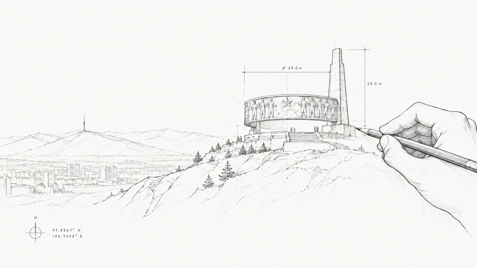 Architectural concept sketch with hand and pencil